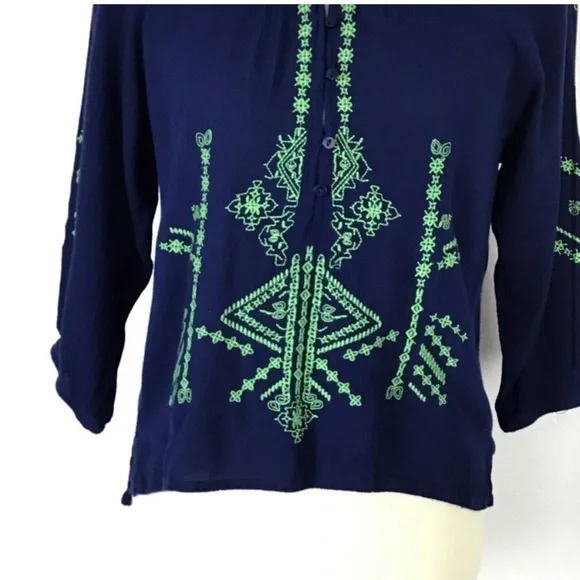 Altar’d State Top Boho Tie Up Blue Embroidery Green Size S - Picture 5 of 7